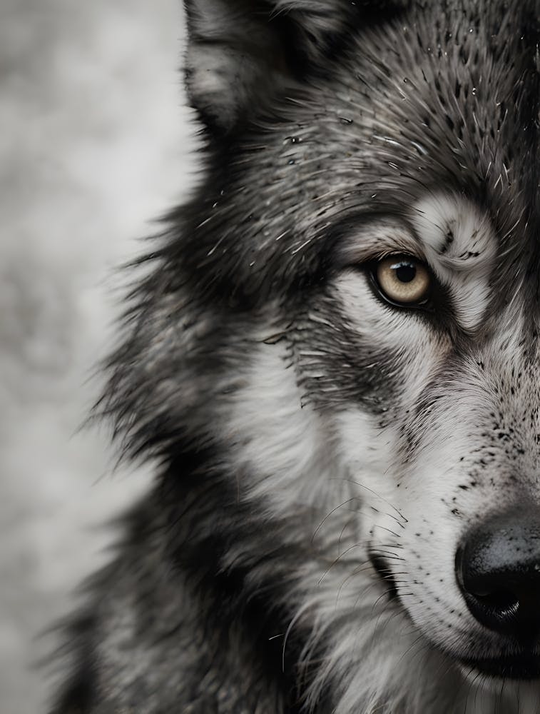 A close-up, highly detailed black and white portrait of a wolf, showcasing its piercing eyes and textured fur.