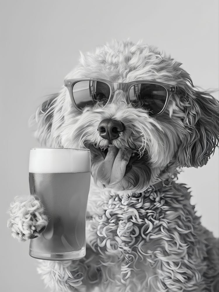 Cockapoo Drinking Beer Wall Art, Black And White Print, Dog Gift, Beer Alcohol Print, Funny Dog Poster, Bar Cart Decor, Kitchen Wall Decor