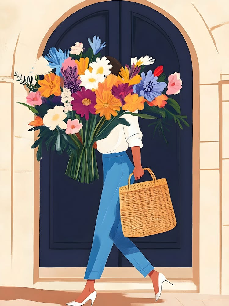 Woman Carrying A Basket Of Flowers