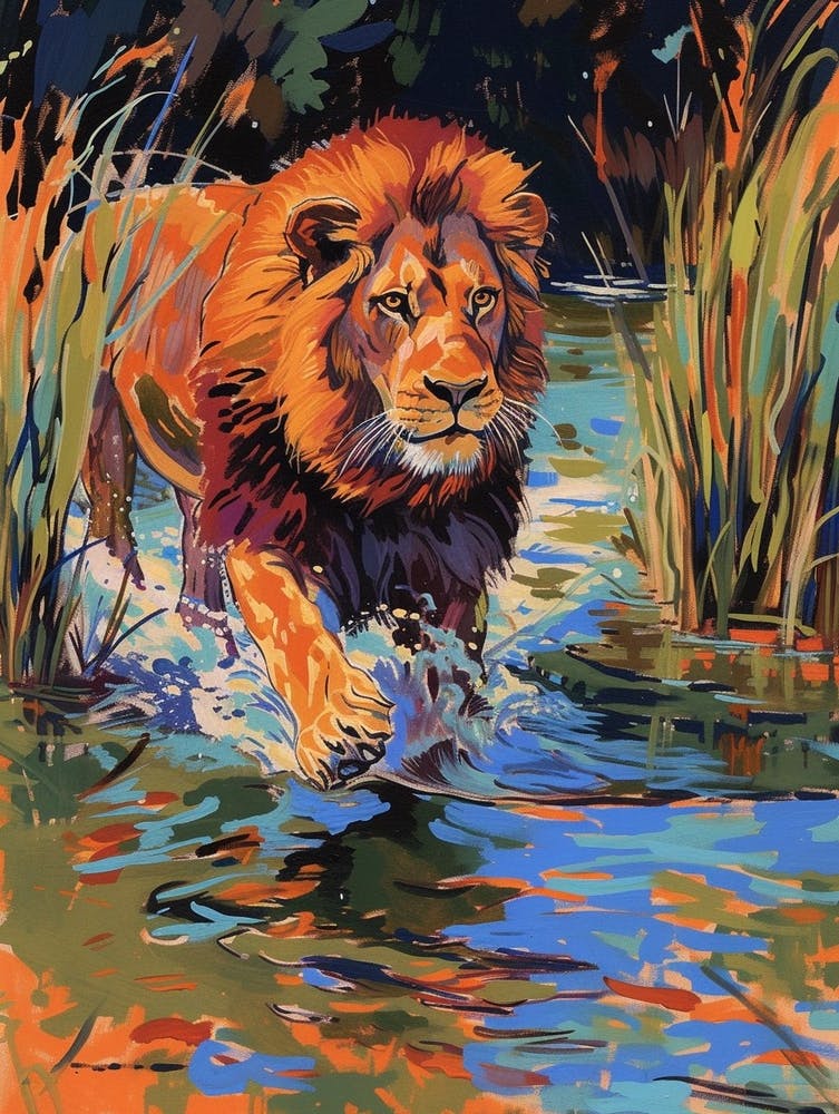 Southwest African Lion Crossing A River Fauvist Painting 2