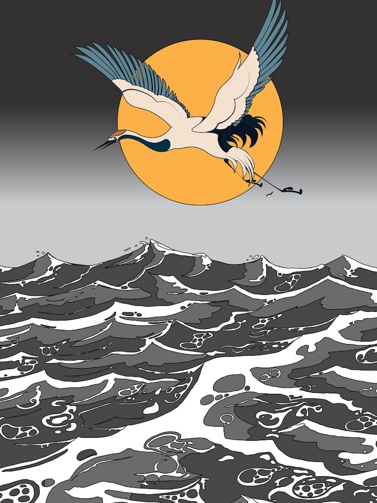 Crane Flying Over The Ocean