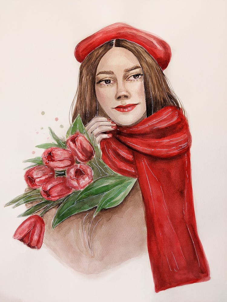 Watercolor illustration of a French woman with a bouquet of red tulips 1