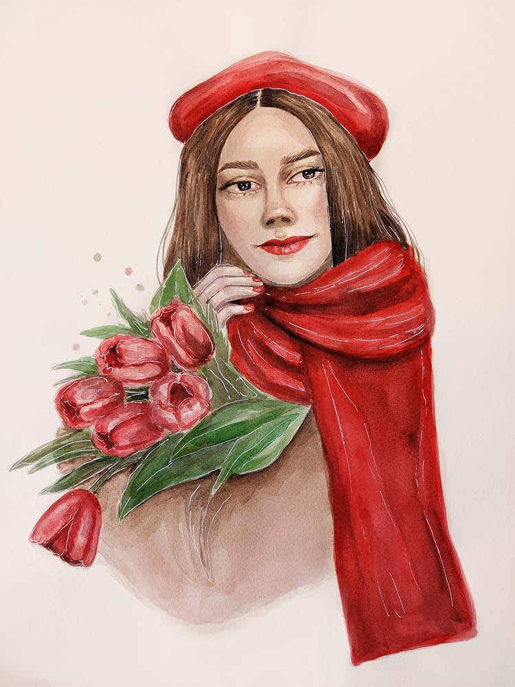 Watercolor illustration of a French woman with a bouquet of red tulips 1