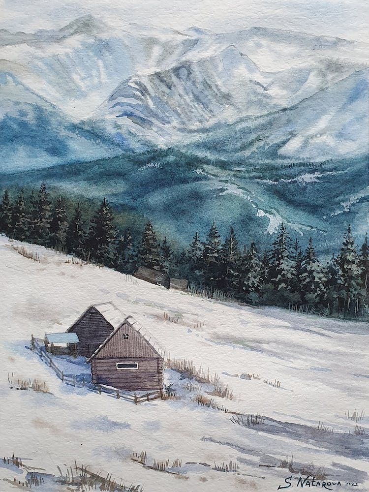 Landscape Watercolor Winter In The Capethians Mountain