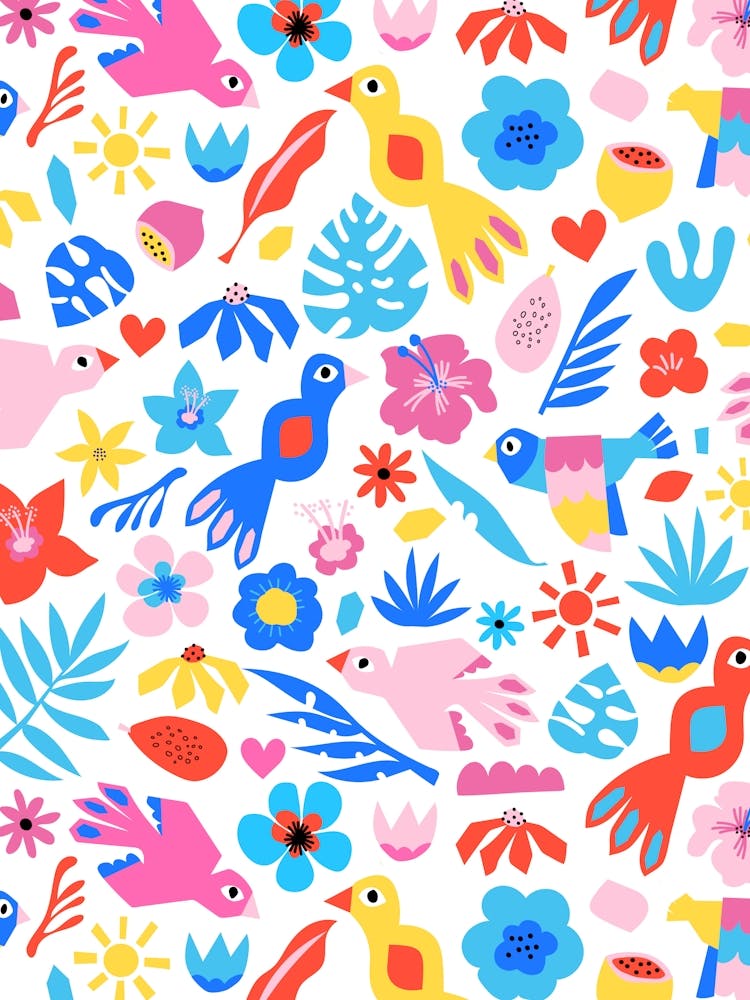 Paper Cut Out Collage Exotic Birds, Fruit, and Flowers - Red Blue Pink Yellow