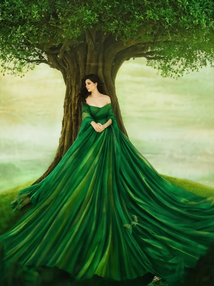 Capturing The Surreal Blend Of A Woman Amidst Nature In A Fantasy Styled Painting Her Figure Mergin