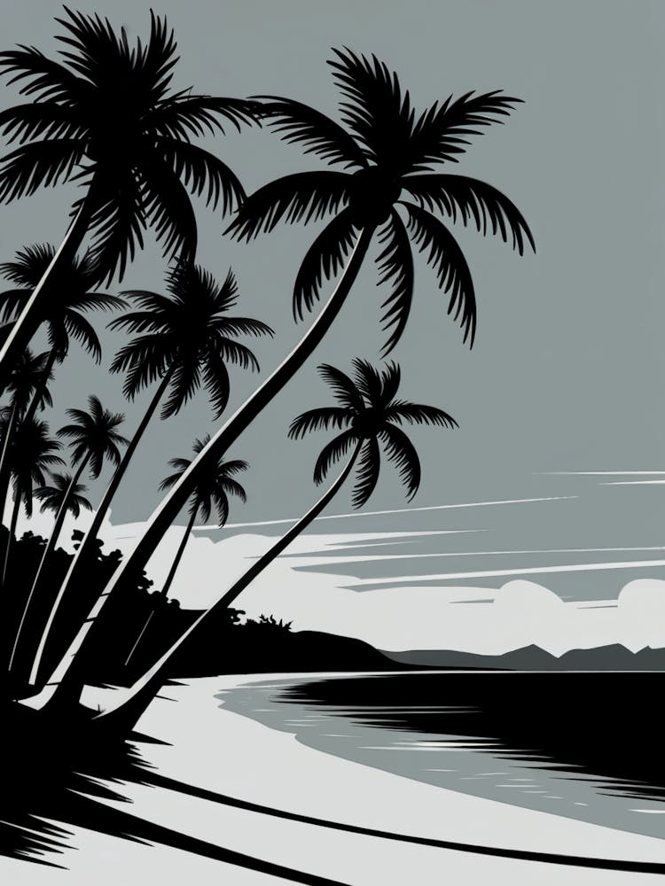 Black and White Coastal Art: Elegant palm trees in a serene black-and-white photograph, set against a bright sandy beach and open sky. Ideal for minimalist and coastal-inspired interior designs.