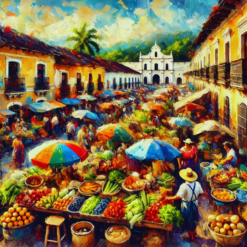 Lebhafter Markt Von El Salvador – Farbenfrohes Semi-Abstraktes Kunstwerk