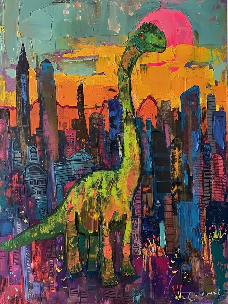 Colourful Dinosaur Cityscape Painting 7