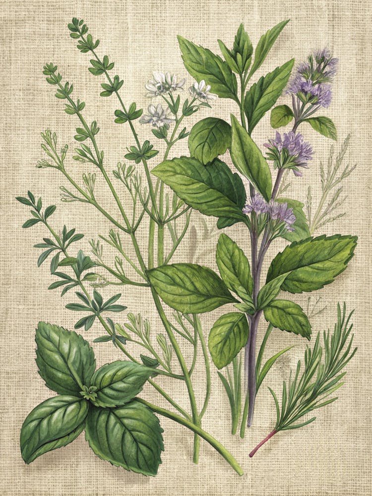 Oil Painting Style Garden Herbs Sketched On Linen
