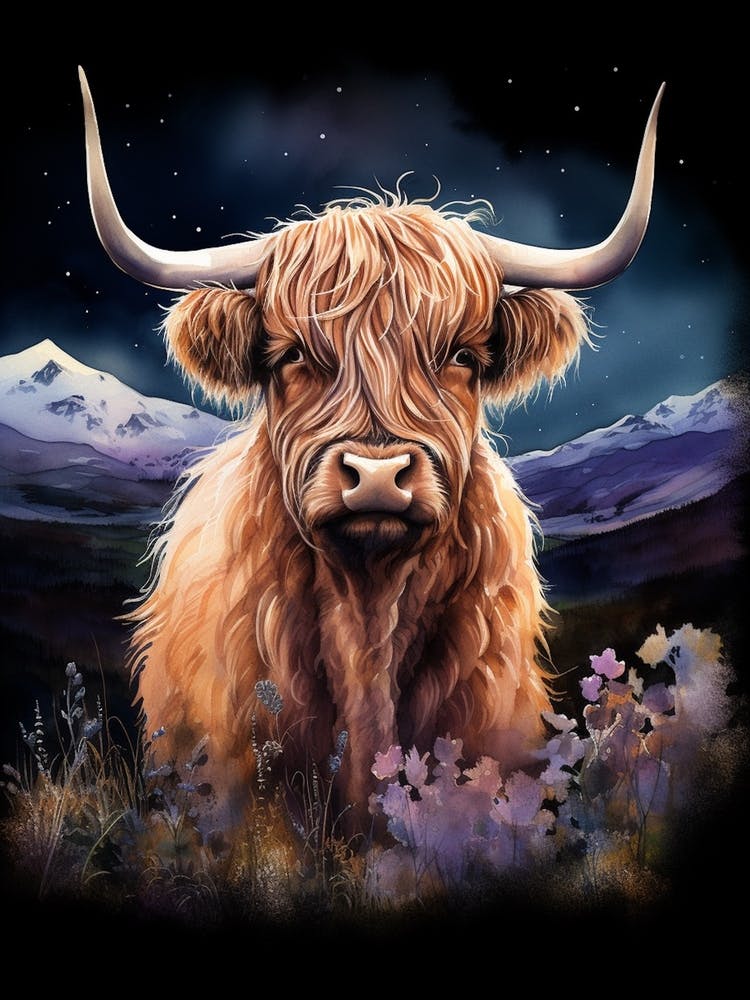 Watercolour Of Highland Cow At Night 3