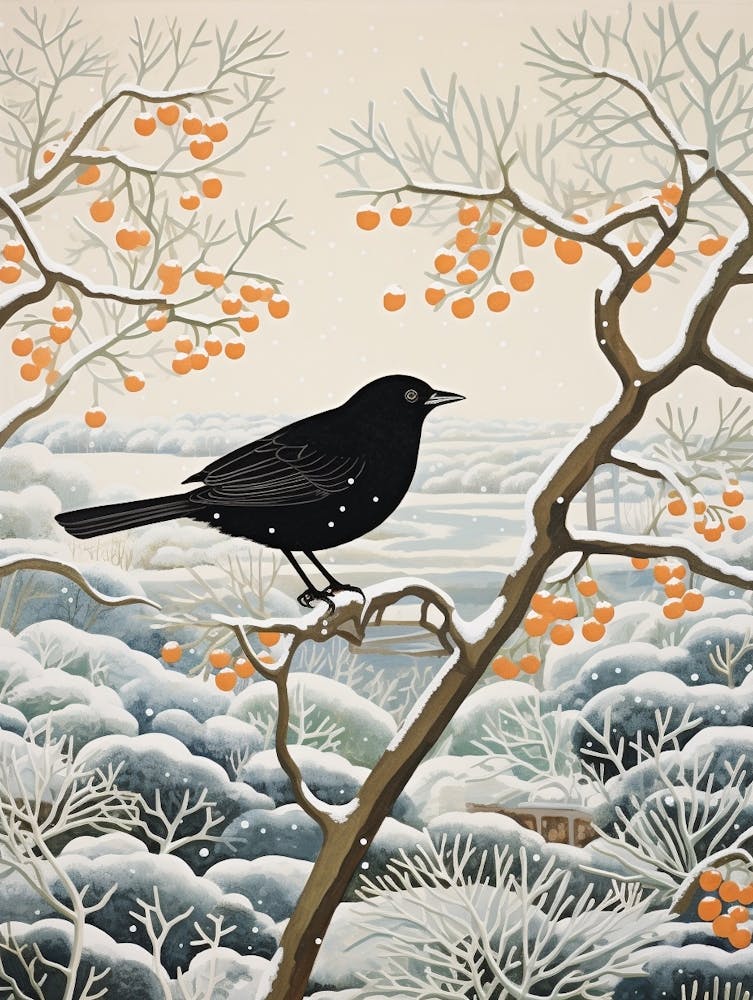 Winter Bird Painting Blackbird 2