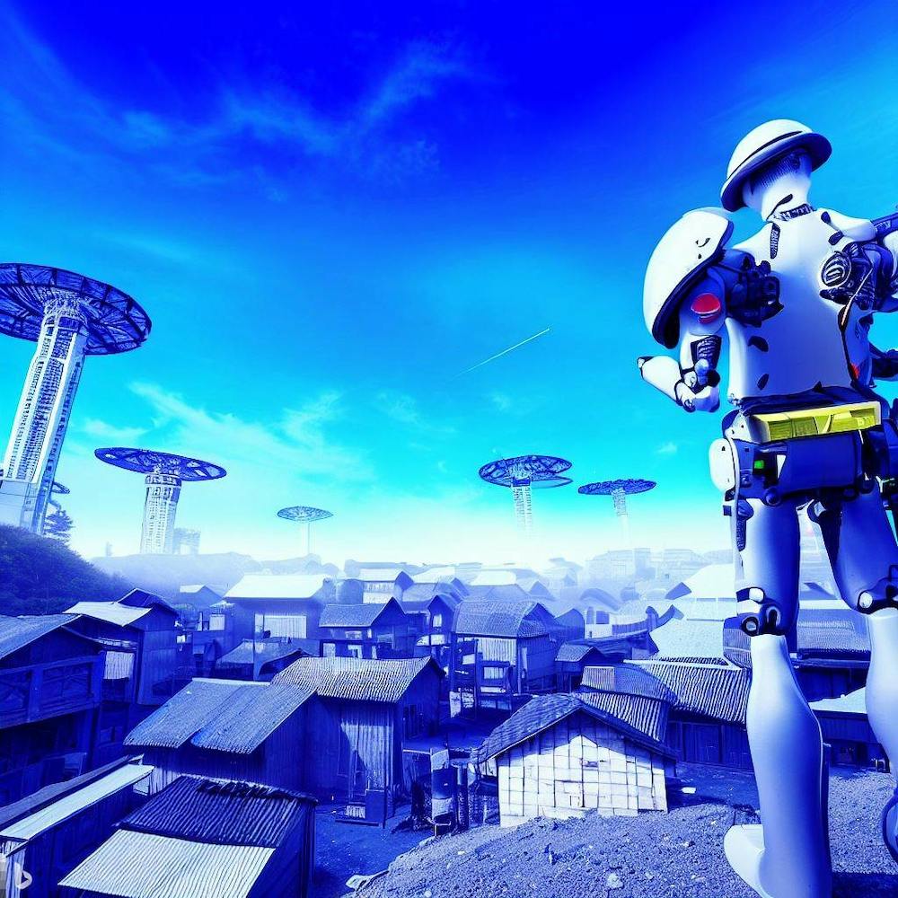 A futuristic village of robots working under blue sky