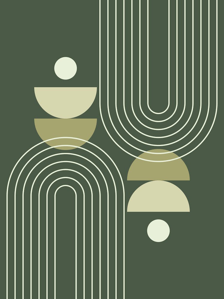 Mid Century Modern Geometric Moon Phases Sun Rainbow Abstract in Dark Rustic Forest Sage Green