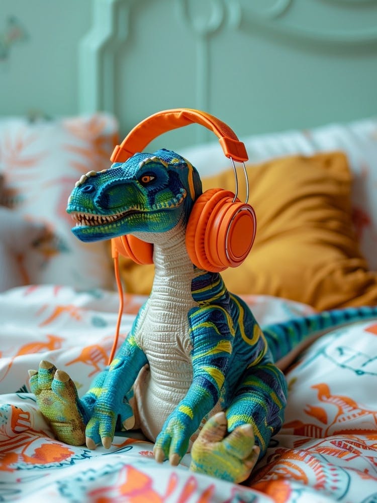 Toy Dinosaur Listening To Music With Headphones In Bed
