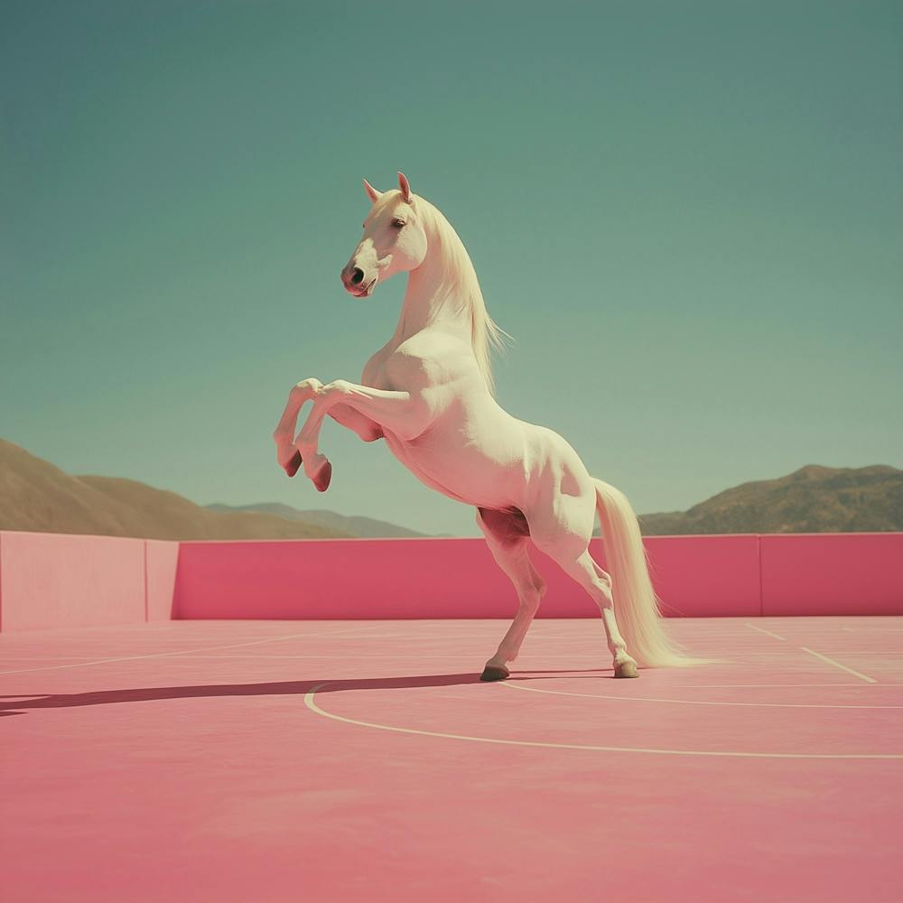 A Realistic Medium Format Portrait Of A Powerful White Albino Akhal Teke Horse Standing On Its Hind Legs In A Dynamic Pose, Set On A Pink Basketball Court In The Middle Of A Desert In Los Angeles, California 1