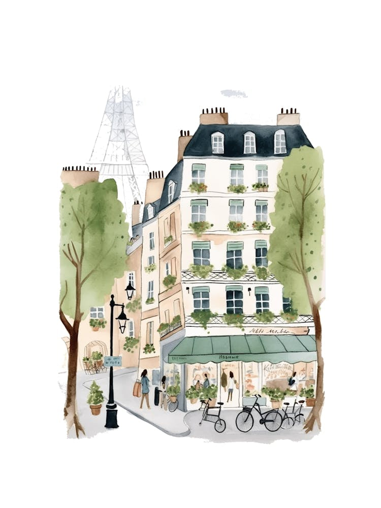Paris Street Scene Illustration Watercolour