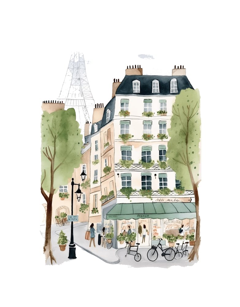 Paris Street Scene Illustration Watercolour
