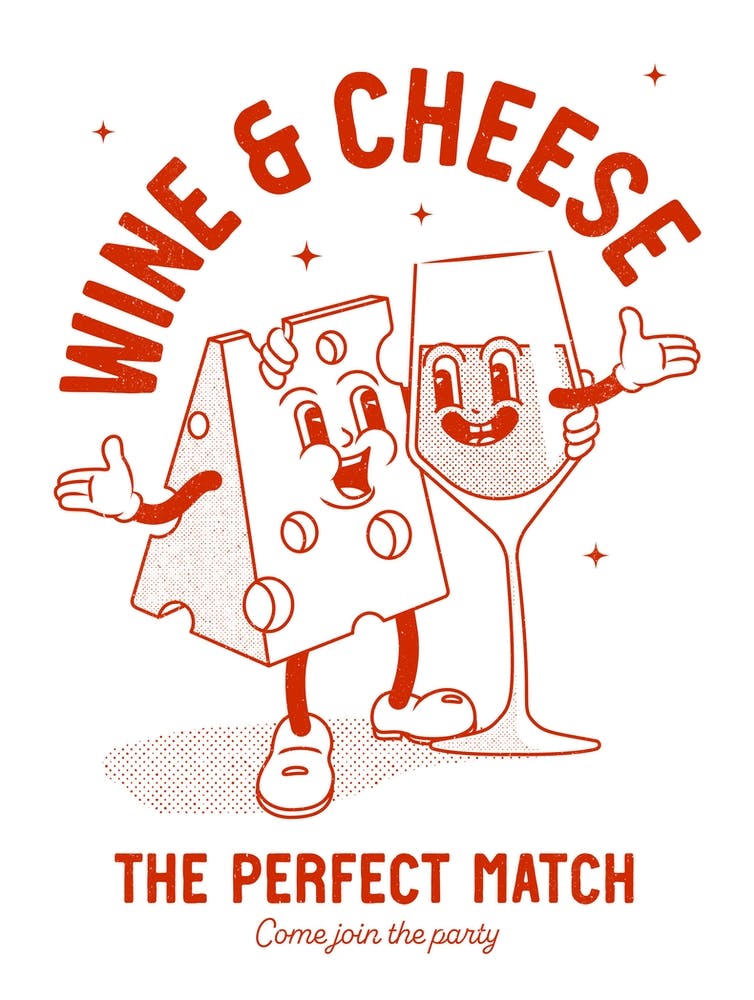 Wine And Cheese print in retro red