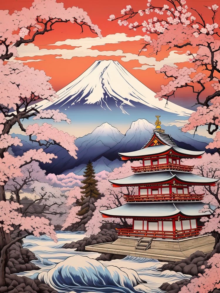 Chureito Pagoda In Yamanashi, Ukiyo E Drawing 4