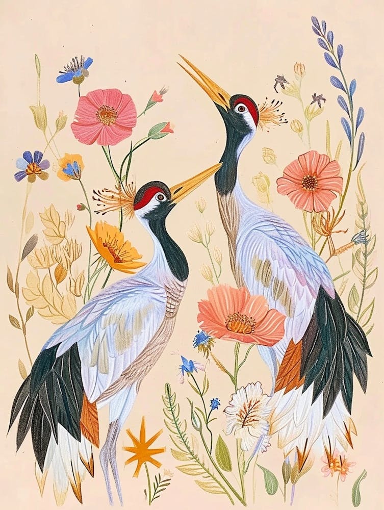 Folksy Floral Animal Drawing Crane