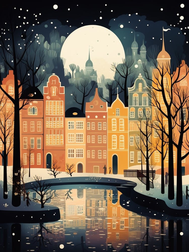 Winter Travel Night Illustration Copenhagen Denmark 2