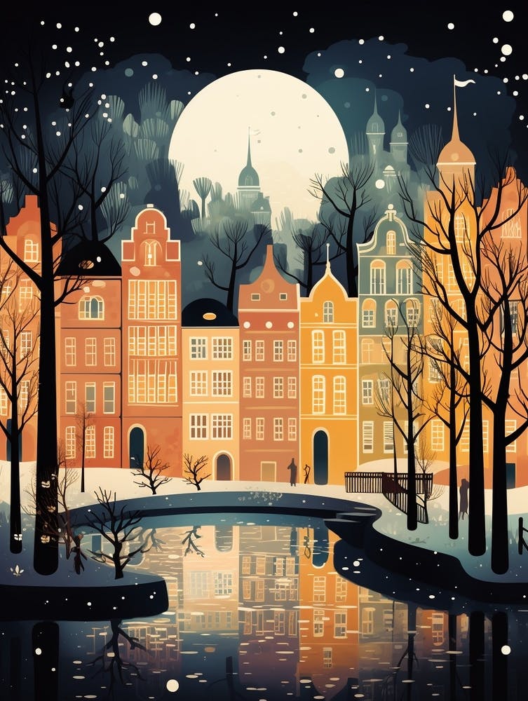 Winter Travel Night Illustration Copenhagen Denmark 2