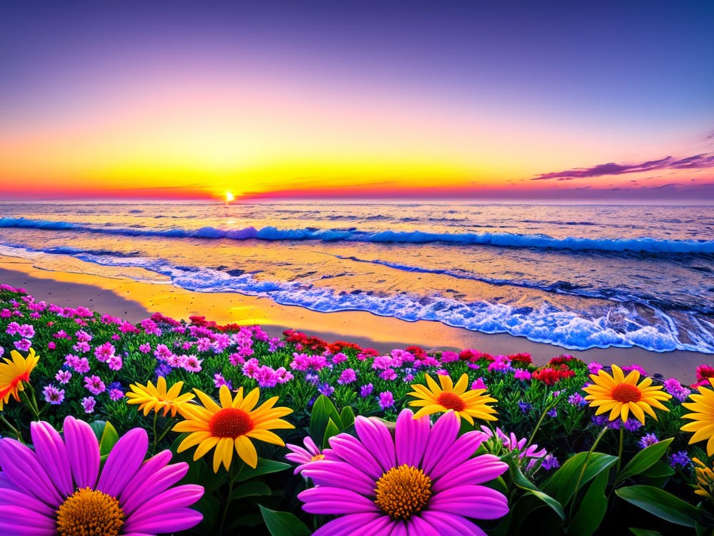 Sonnenuntergang mit Blumen