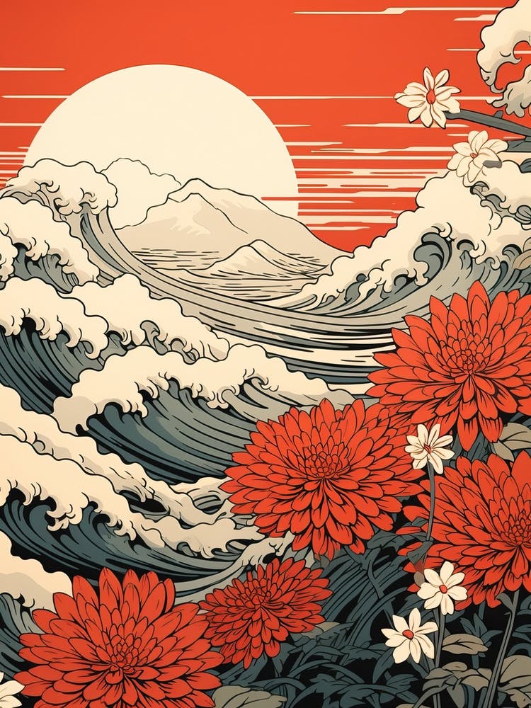 Great Wave With Dahlberg Daisy Flower Drawing In The Style Of Ukiyo E 4
