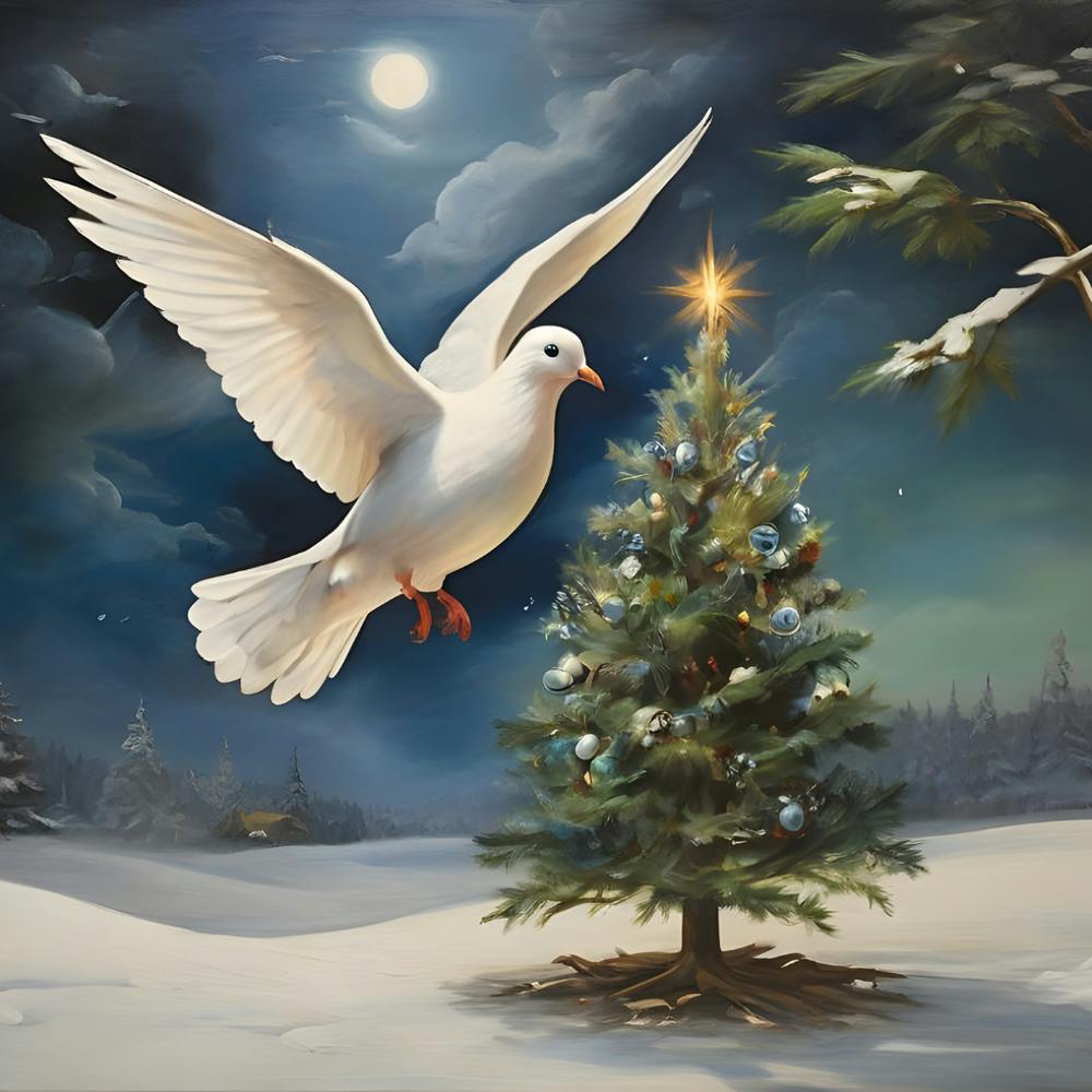 Dove Flying Over Christmas Tree