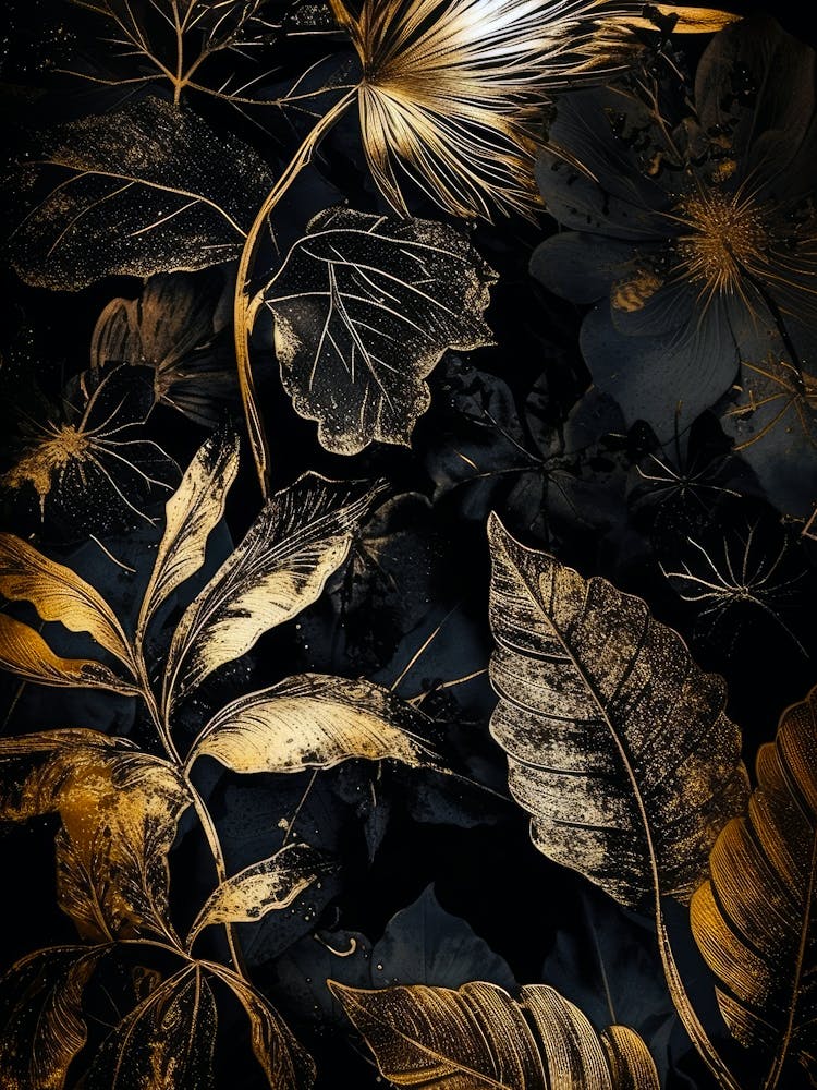 Gold Leaves On Black Background nature