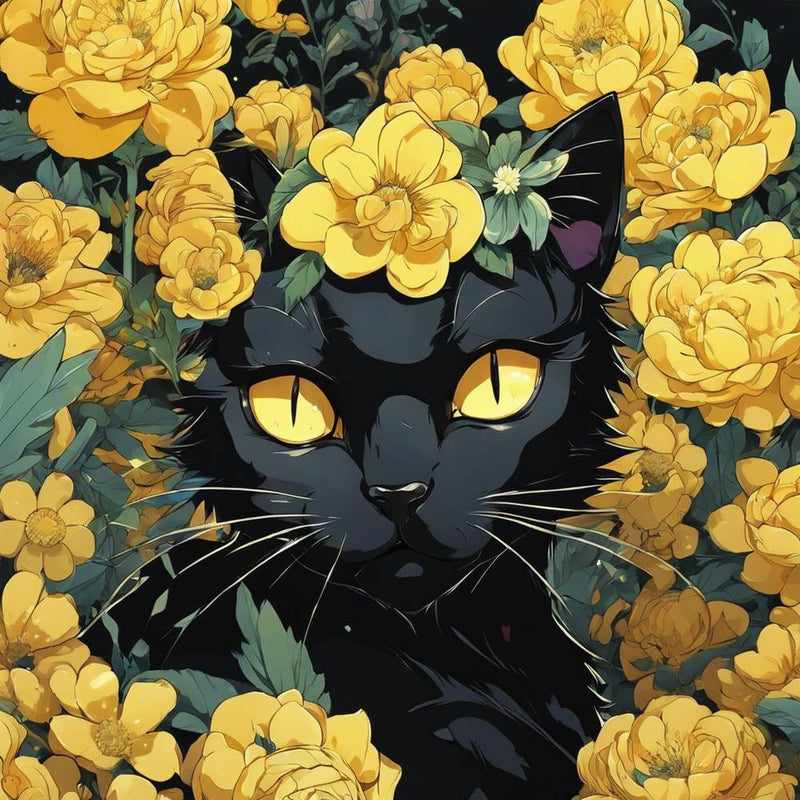 Black Cat With Yellow Flowers