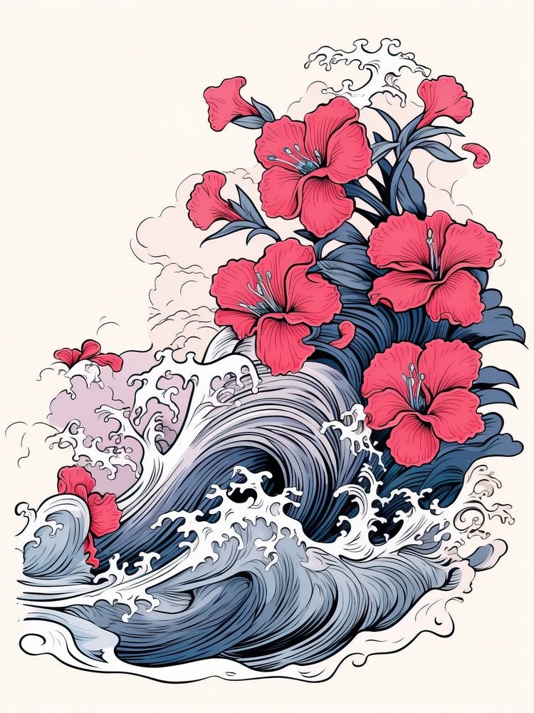 Great Wave With Petunia Flower Drawing In The Style Of Ukiyo E 1