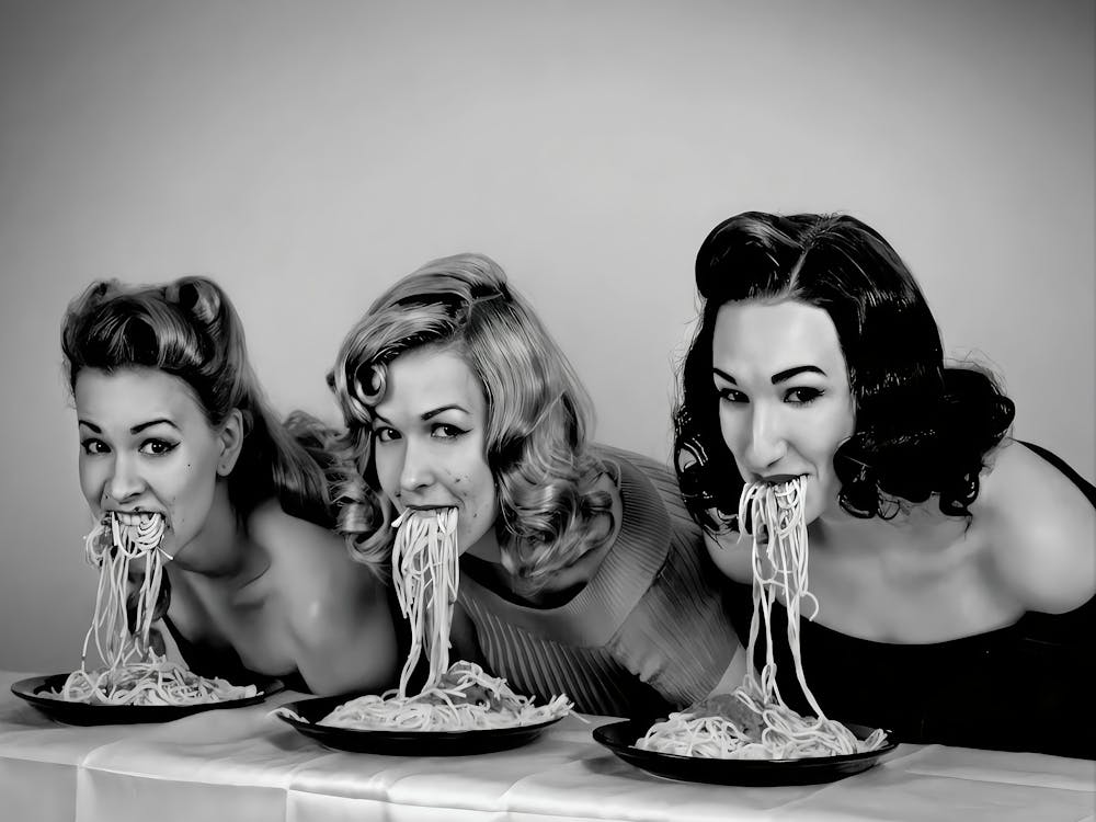 Women Eating Spaghetti Print, Vintage Pasta Wall Art, Funny Spaghetti Eating Competition Poster, Black & White Art, Retro Wall Decor