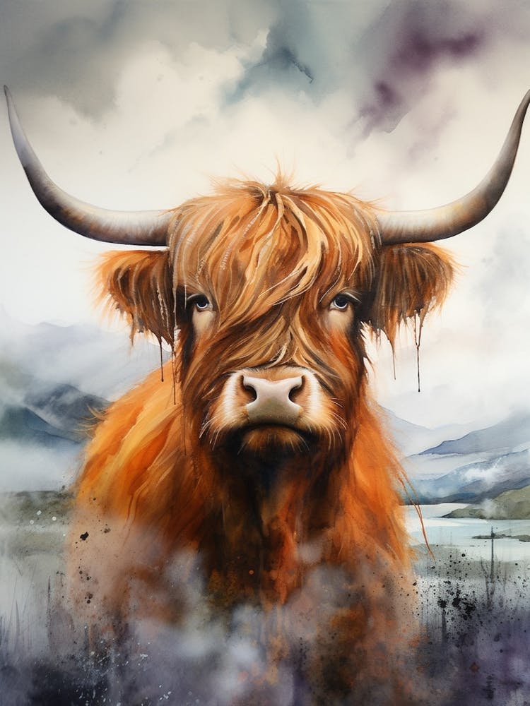 Close Up Watercolour Portrait Of Highland Cow In The Storm