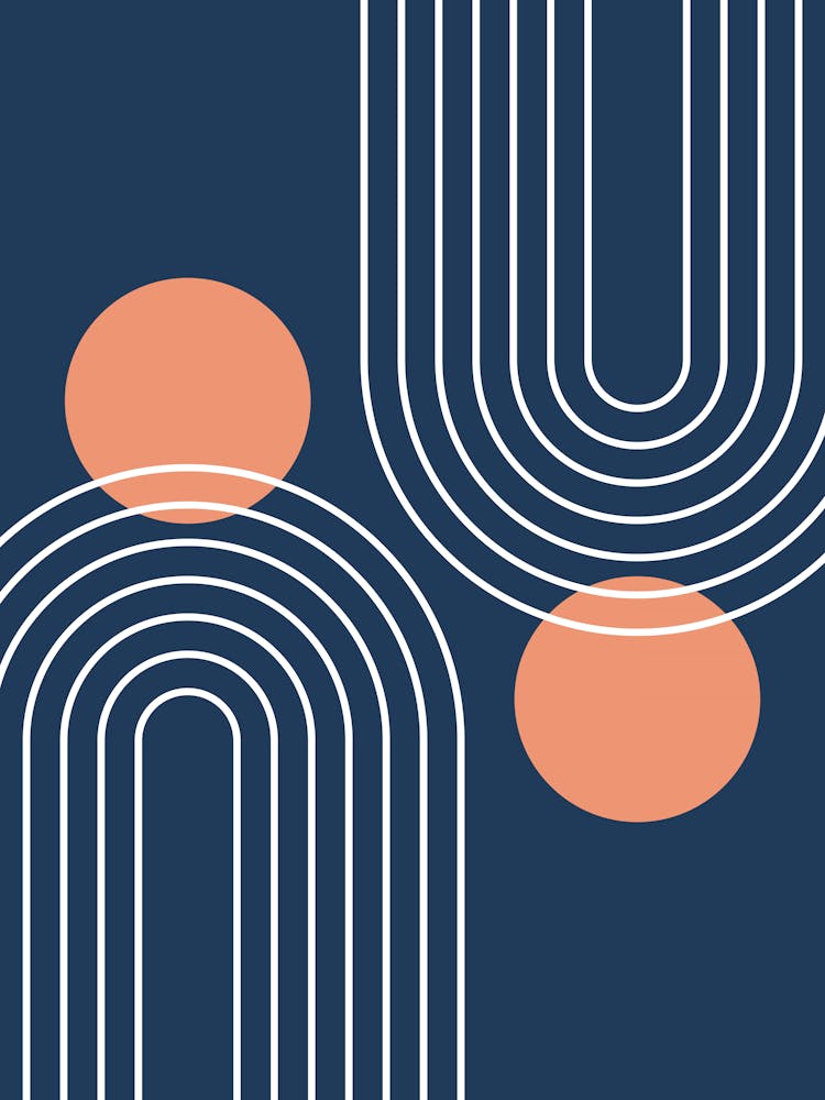 Mid Century Modern Geometric In Navy Blue And Peach (Rainbow And Sun Abstract)
