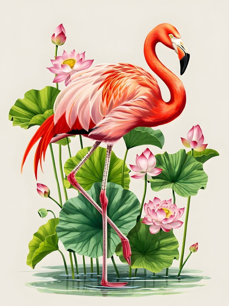 Graceful Flamingo Among Lotus Blooms