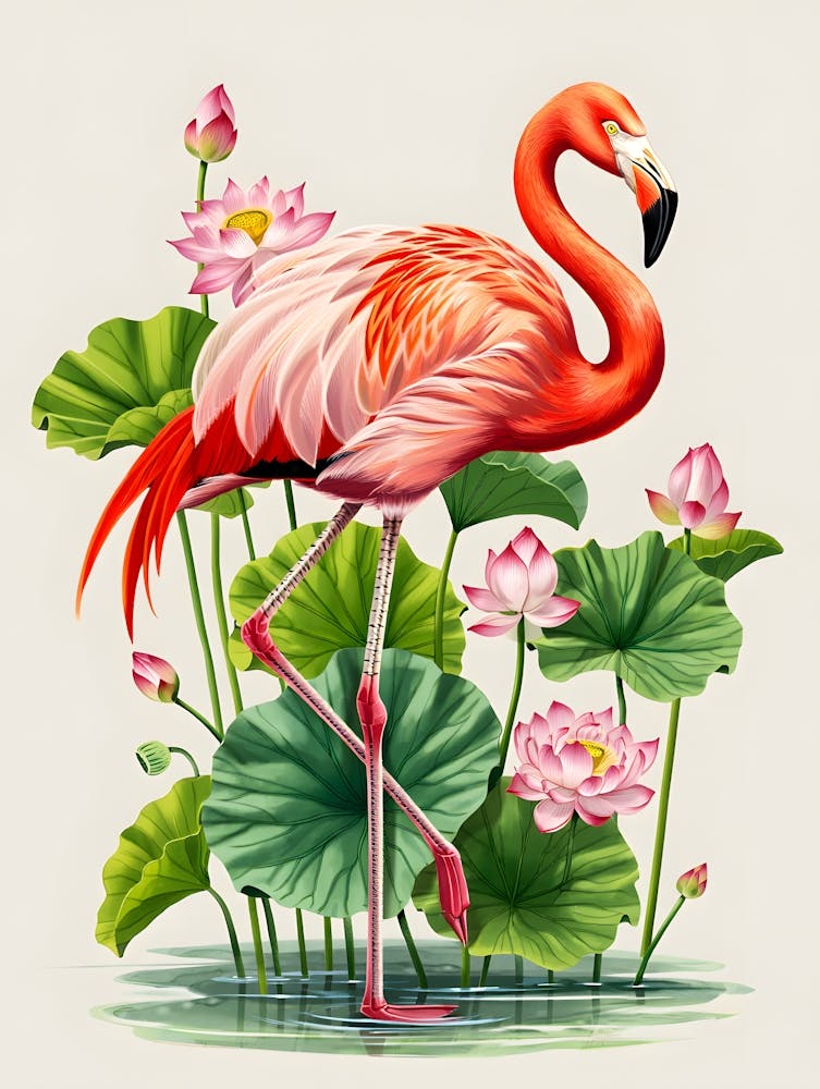 Graceful Flamingo Among Lotus Blooms