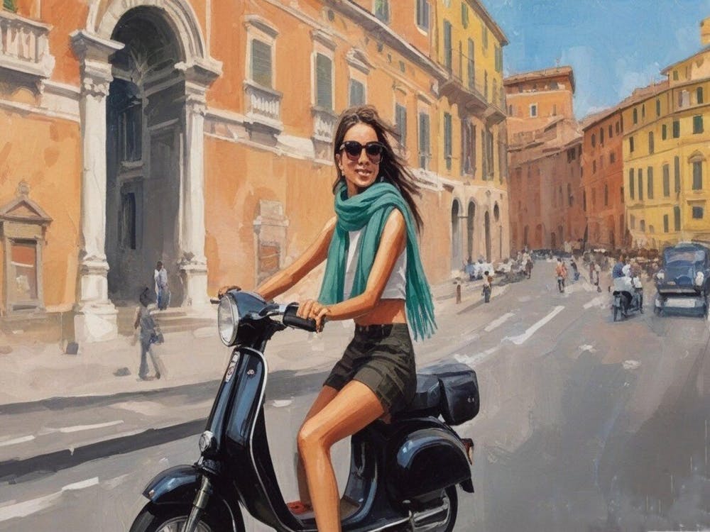 Italian girl riding her scooter wall art poster