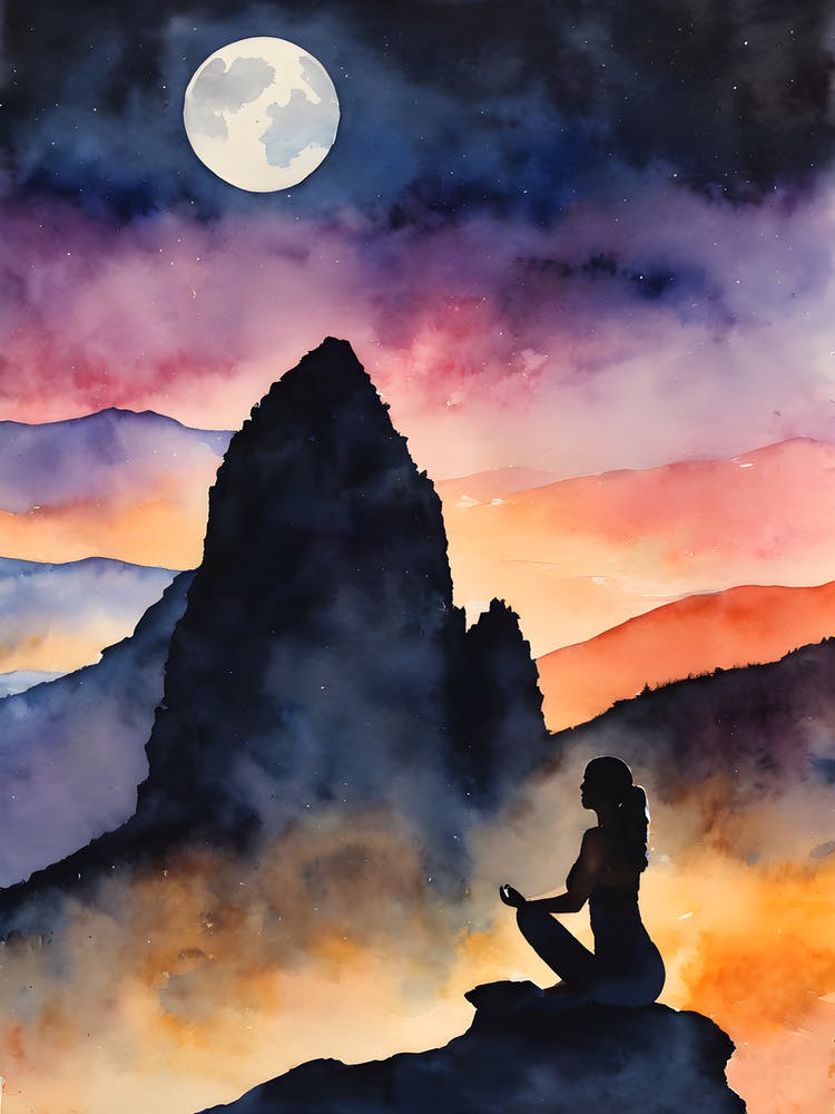 Meditating Woman In The Mountains - Full Moon Contemplating Serenity Calm Yoga Meditating Spiritual Grounding Heart Open Buddhist Indian Travel Guidance Wisdom Peace Love Witchy Beautiful Watercolor Woman Trees Blue Silhouette