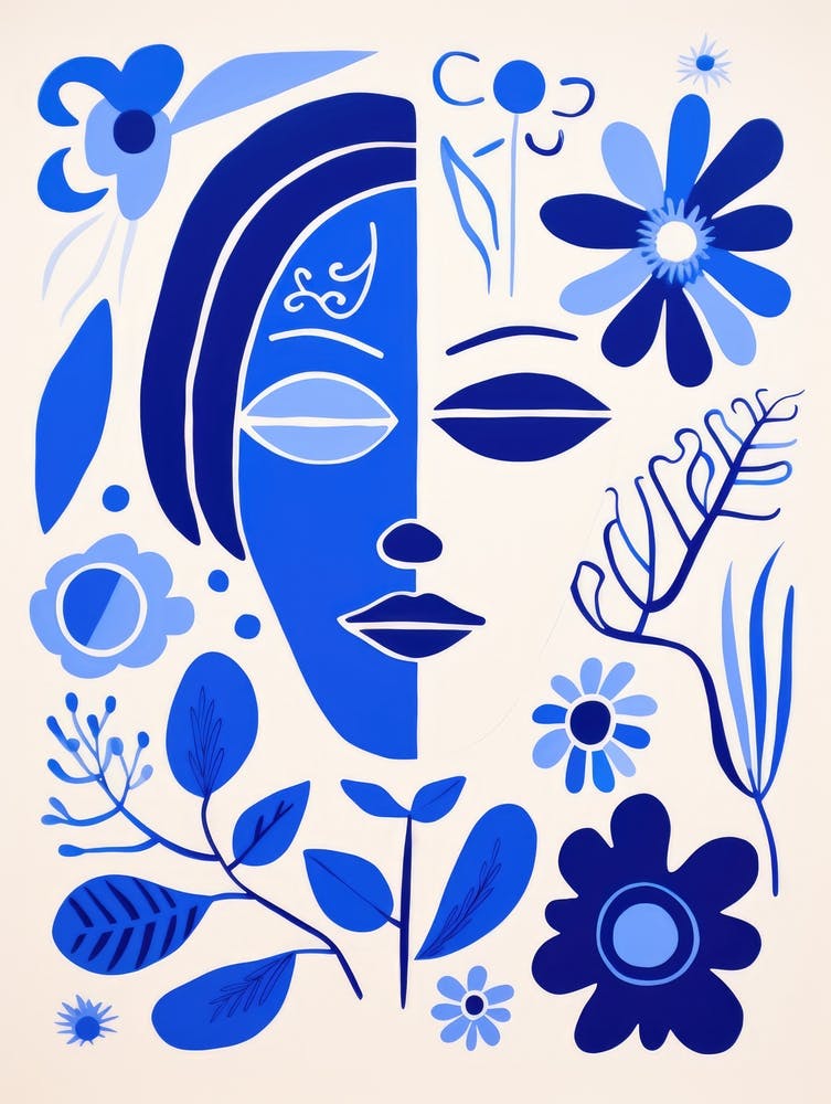 Blue Flowers And A Woman'S Face