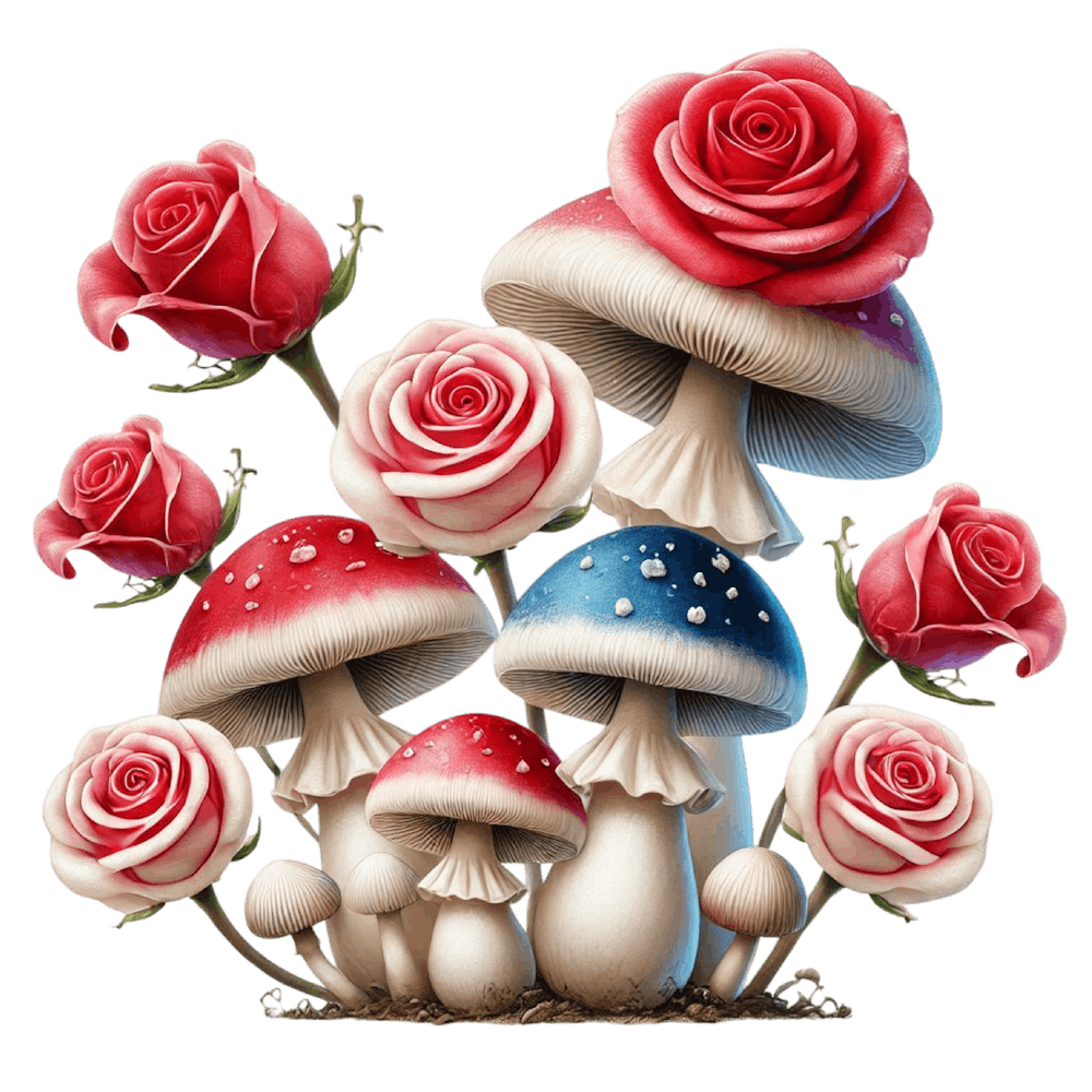 Red, White And Blue Mushrooms