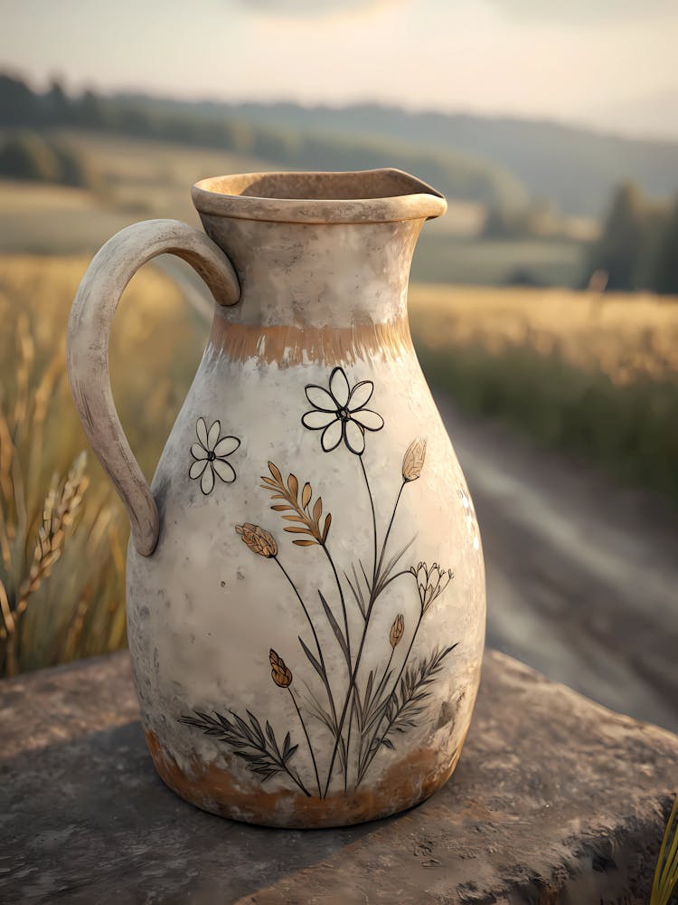 Rustic Ceramic Jug Minimalist Floral Design