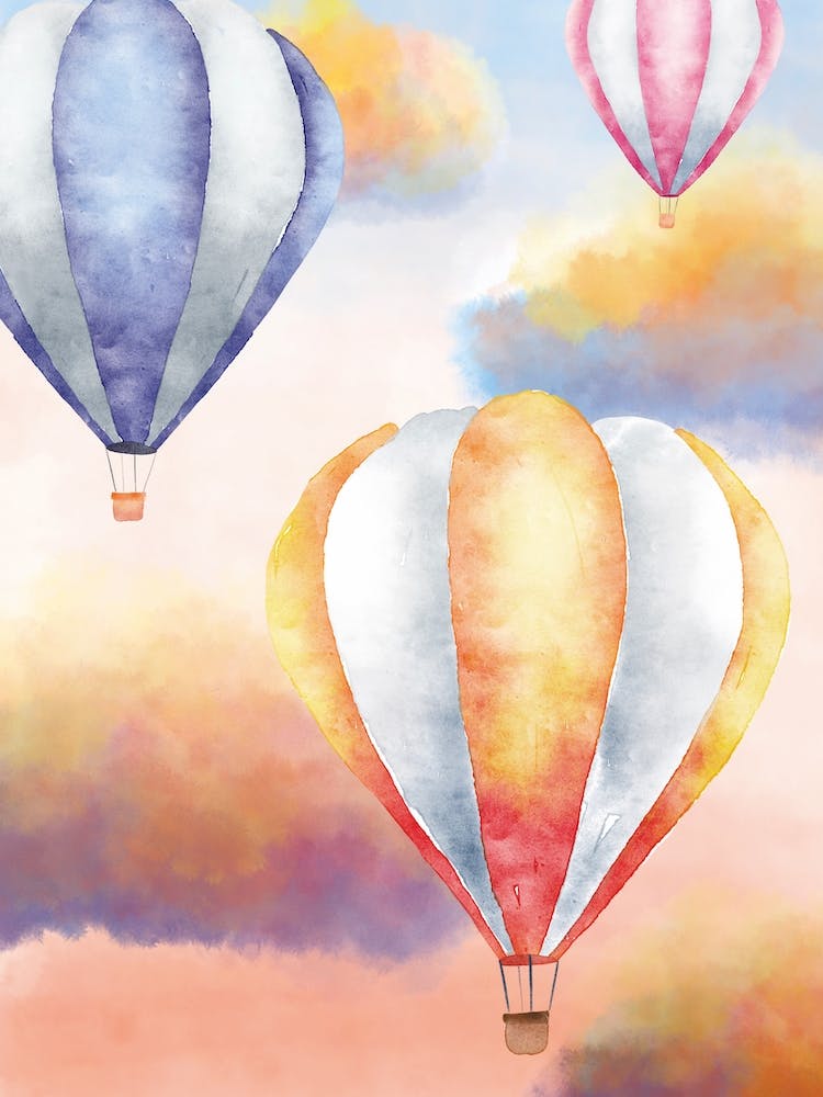 Watercolour sunset hot air balloons painting