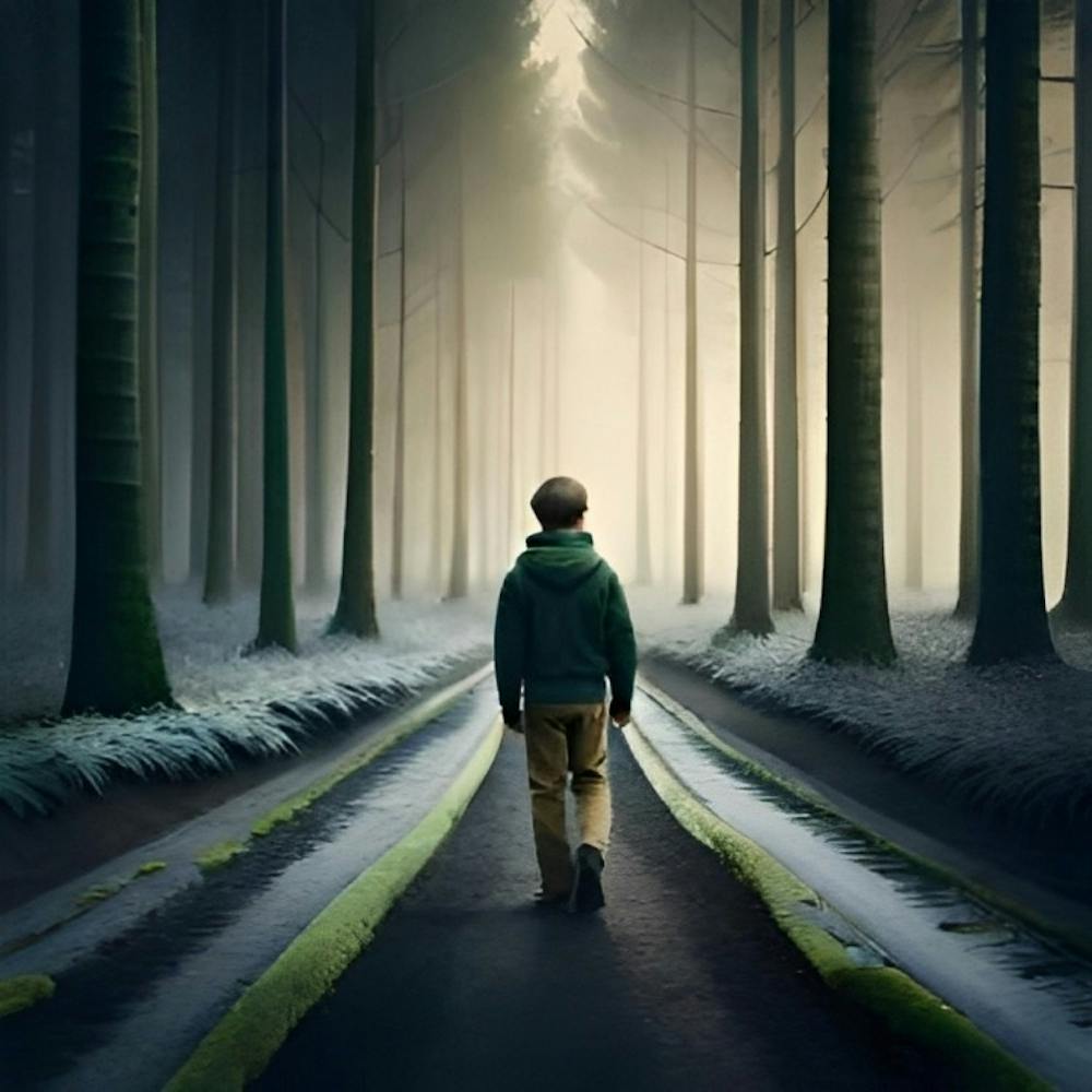 A Boy Walking Through A Forest