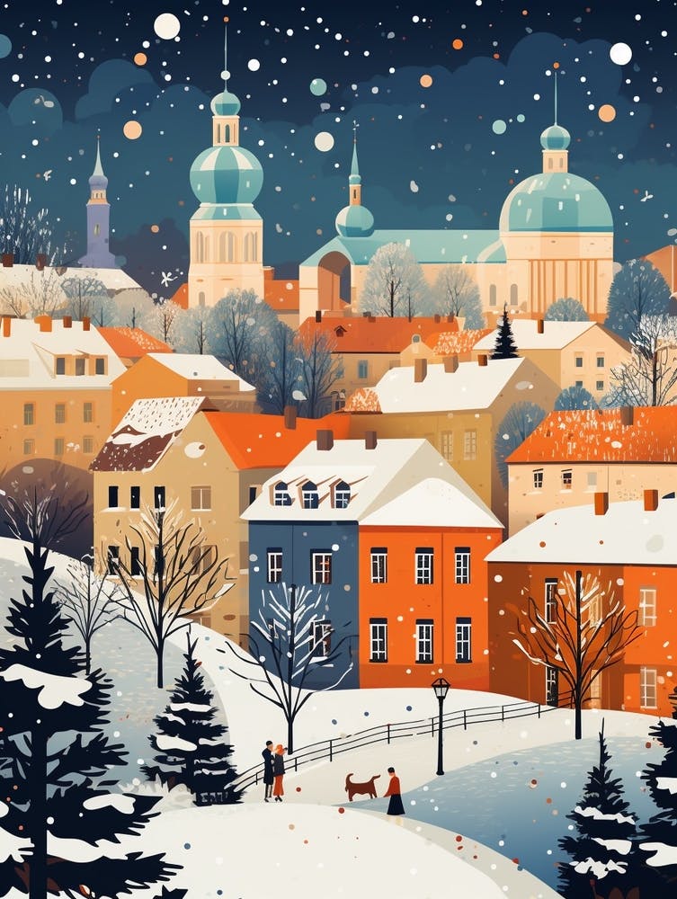 Winter Travel Night Illustration Vilnius Lithuania