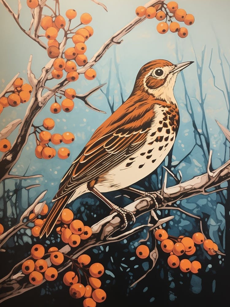 Vintage Bird Linocut Hermit Thrush 4