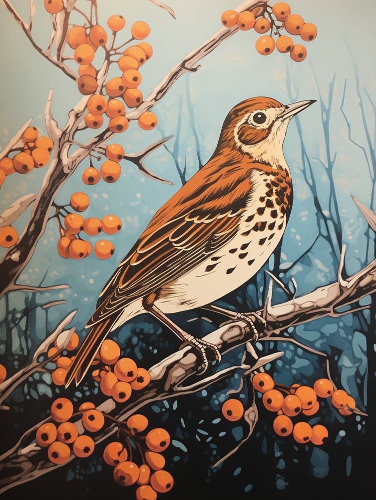 Vintage Bird Linocut Hermit Thrush 4