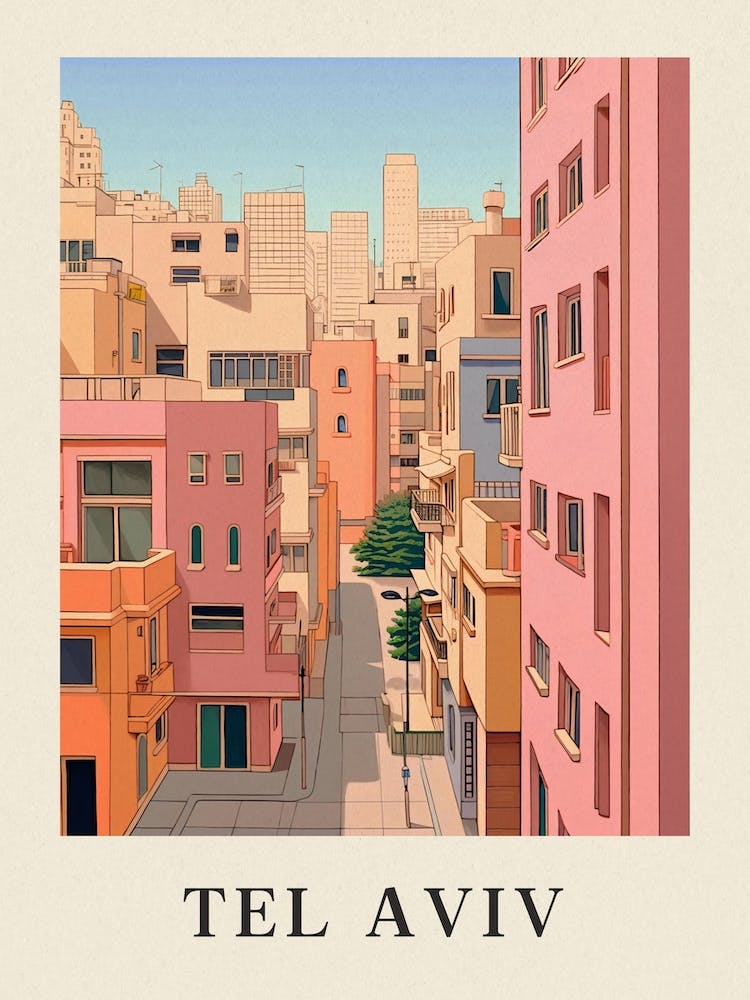 Tel Aviv Israel 3 Vintage Pink Travel Illustration Poster