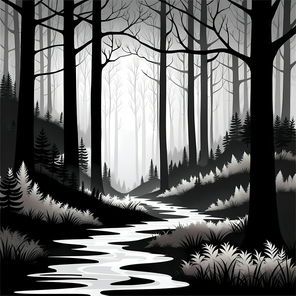 Black And White Forest, black and white monochromatic art 1